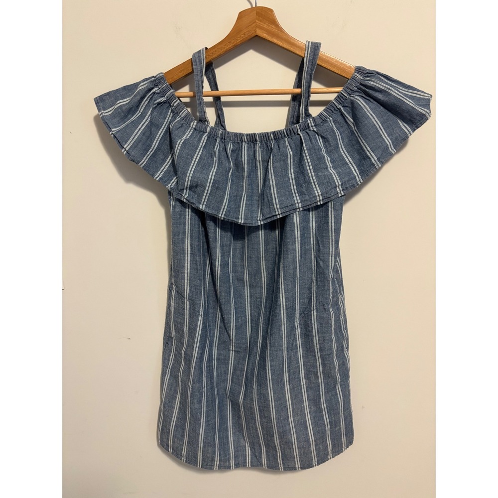 J.Crew Blue White Striped Off-Shoulder Ruffle Dress Pockets F2288 Medium